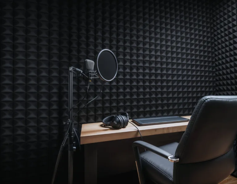 Akustikkplater hengt opp på vegg i et musikkstudio for lydisolering