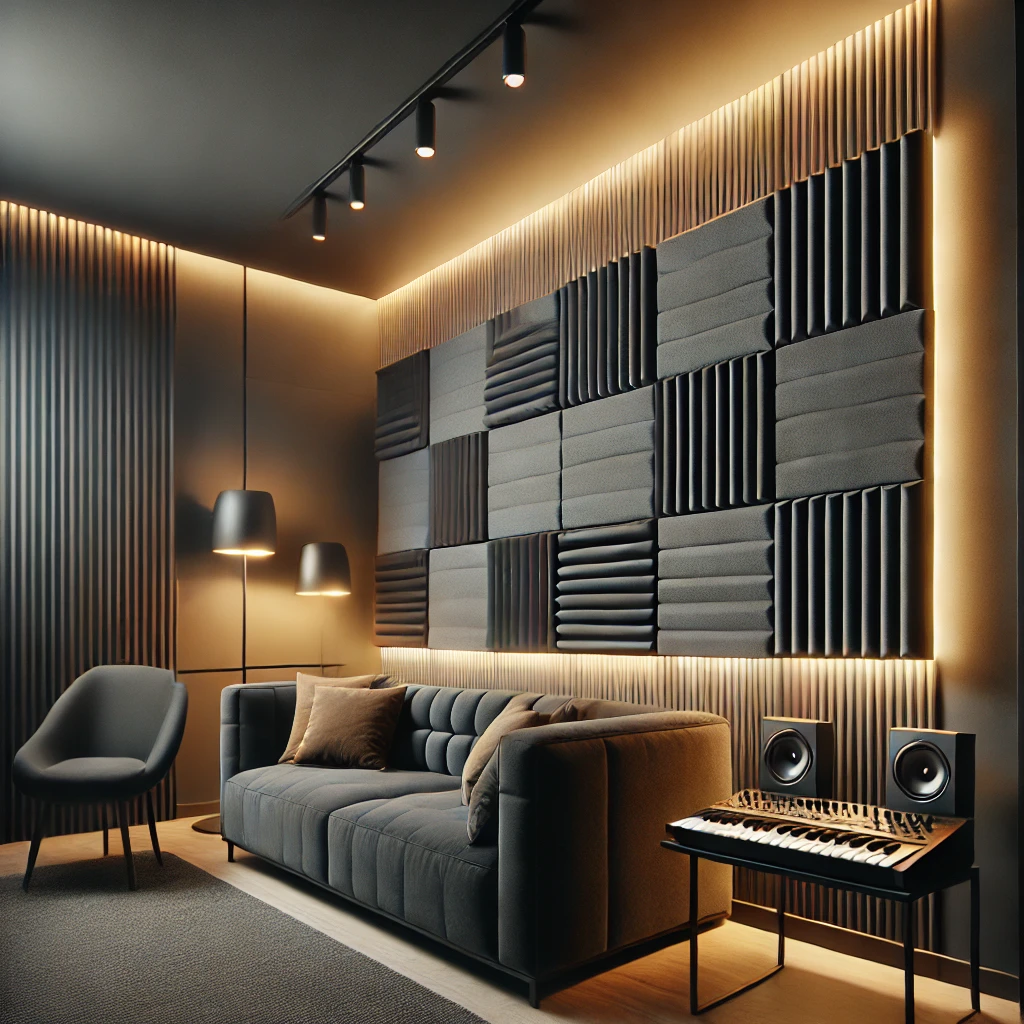 Akustikkplater: 5 ting du må vite om deres bruksområder 2 DALL·E 2025 02 07 19.47.45 A modern stylish interior with acoustic foam panels mounted on the walls. The room has a professional and cozy feel ideal for a home studio offi